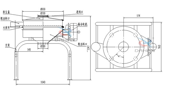 單振源直排篩機構和持續：防塵蓋（mm）：800進料口（mm）：200結構;防塵蓋，大束環，支架，振動電機，進料口等。