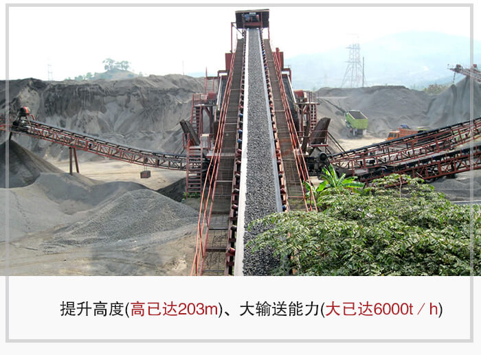 大傾角皮帶輸送機根據適用場景的不同輸送高度在203m以內，輸送量在6000t/h以內。