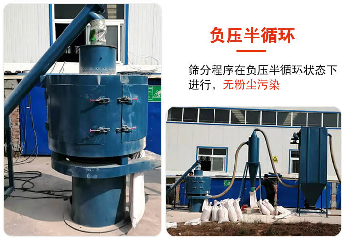 氣流篩負(fù)壓半循環(huán)，篩分程序在負(fù)壓版循環(huán)狀態(tài)下進(jìn)行，無粉塵污染。
