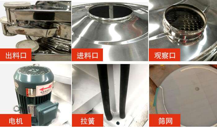 搖擺篩細節展示：出料口，進料口，觀察口，電機，拉簧，篩網等。
