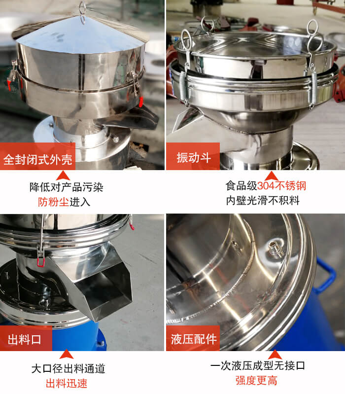 450過濾篩機結構組成：全封閉式外殼設計：對產品的污染低，防塵粉進入電機內部延長設備壽命。振動斗：食品304不銹鋼篩斗，內壁光滑不存在積料現象。出料口，大口徑出料通道，出料迅速，提高工作效率。液壓配件：一次液壓成型無接口強度更高。