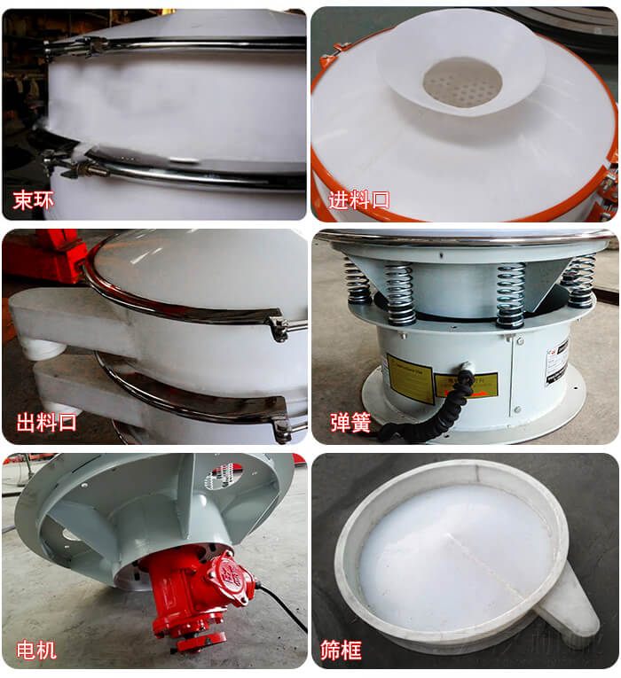 塑料防腐蝕振動篩細節:進料口，框體，網架底框，出料口等。