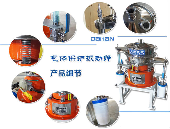 氣體保護(hù)振動(dòng)篩細(xì)節(jié)：振動(dòng)彈簧，手動(dòng)閥門(mén)，料罐等。